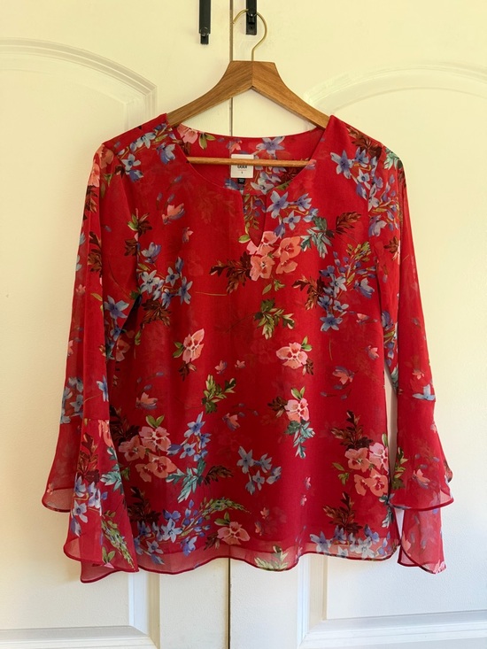 CAbi Tops - CAbi Red Floral V-Neck Bell Sleeve Blouse